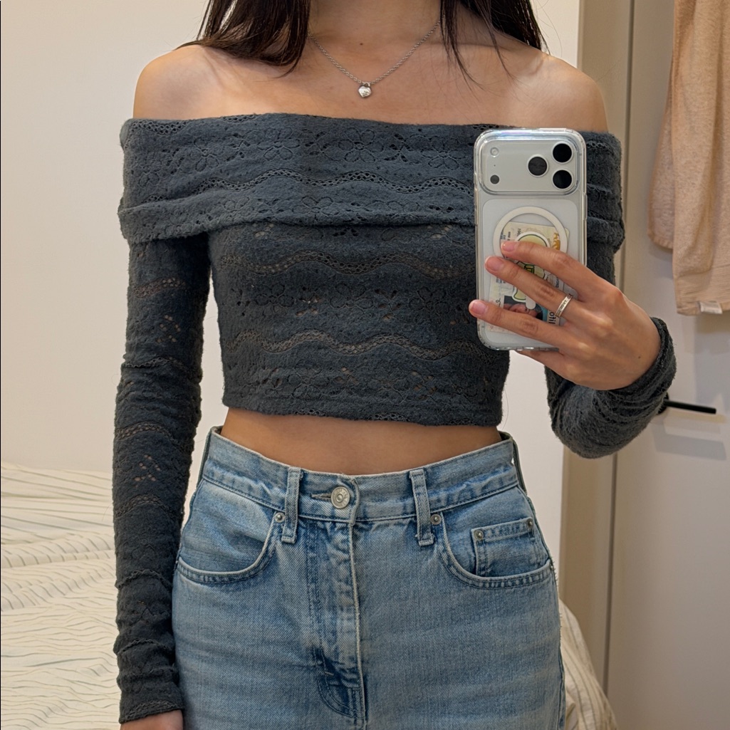 Urban Outfitters Off-Shoulder Lace Crop Top - Dark Gray